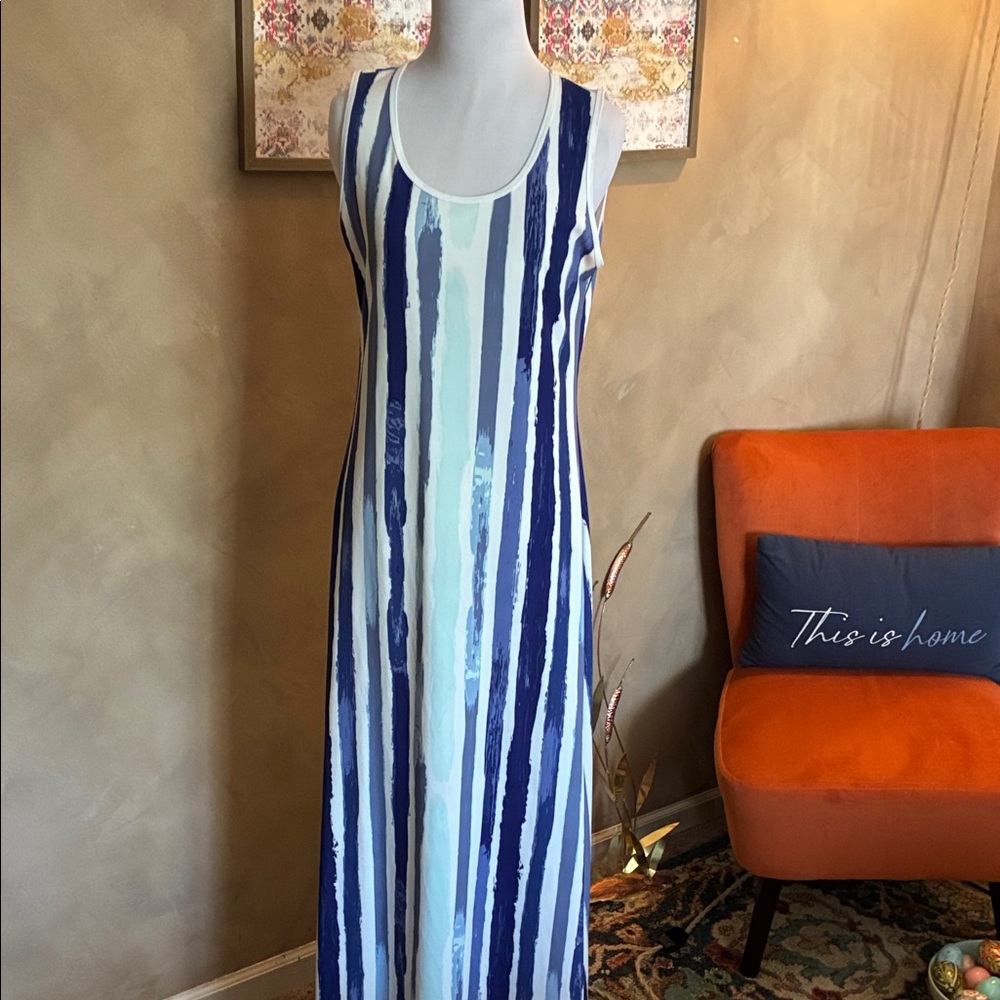 LuLaRoe Blue& White Worn Pattern Striped Sleeveless Maxi Dress